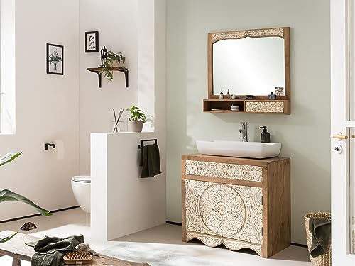 Woodkings Delhi Badmöbel-Set I massiv Mangoholz I Rustikaler Waschtisch 80x50 cm I Wandspiegel 80x75cm I Robuste und stilvolle Badezimmereinrichtung