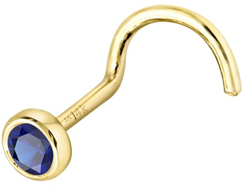 Jewelry Avalanche Solid 14K Yellow Gold Nose Screw Stud Bezel Set 2.5mm Blue Sapphire 22G Cork-screw Nose Stud - September Birthstone Nose Ring Stud NSBZ-SP25YG
