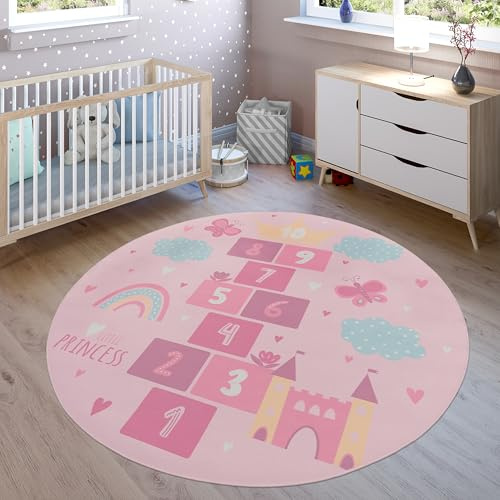 Paco Home Teppich Kinderzimmer Kinderteppich rutschfest Spielteppich Krabbelmatte Modern Herz Waschbar Pink, Grösse:160 cm Rund