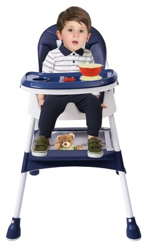 Baby Hochstuhl, Kinderhochstuhl Babystuhl Kombihochstuhl mit Fußstütze, Höhenverstellbar, 2-in-1 Hochstuhl für Babys von 6 Monaten bis 6 Jahren mit einem Gewicht von bis zu 176 lbs (Blau)