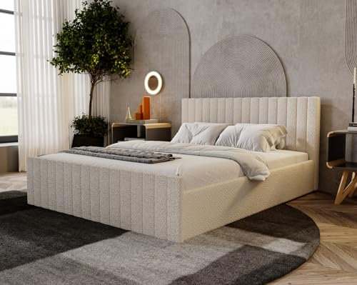 Emporius Polsterbett 180x200 cm Billo Slim - Doppelbett mit Bouclé-Stoff, Lattenrost, Bettkasten - Glamour, Elegant, Polsterbett (Creme - Anthology 1)