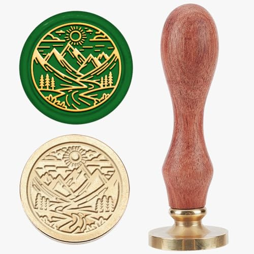 MAYJOYDIY Tampon de Cire à Cacheter Montagnes Rivière Soleil 25mm Nature Paysage Tampons de Cire à Cacheter Têtes Amovibles en Laiton Manche en Bois pour Emballage Cadeau Enveloppes Cartes Lettres