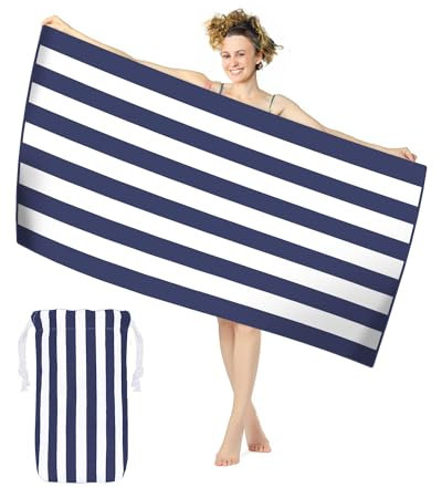 Sand Free Beach Towel for Adults - Quick Dry Extra Large, 100% Recycled Microfibre Lightweight with Bag for Travel, Blue Stripes 160x90CM 63x35In