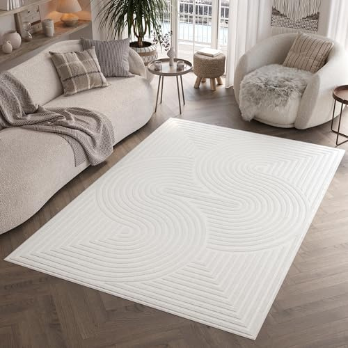 TAPISO Hygge Teppich Kurzflor Creme Weiß Streifen Kreise Kringel 3D Teppich Wohnzimmer Schlafzimmer ÖKOTEX 200 x 300 cm