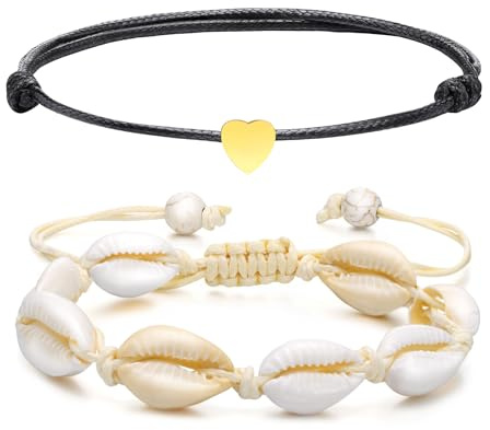 FLHEART 2 Stücke Fußkettchen für Frauen - Handgewebte Verstellbare Fußschmuck Muschel Fussketten Goldene Herz Fusskette für Damen Mädchen Sommer Strand Sandale Barfuß Fußkettchen Schmuck Geschenke