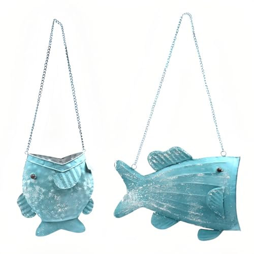 Heimvita Set mit 2 hängenden Pflanzgefäßen, Zimmerpflanzen für drinnen und draußen, Ranken, Blumen, Metall-Blumentopf, rustikaler, kreativer Blumentopf-Korb im Fisch-Stil (Blau 3)