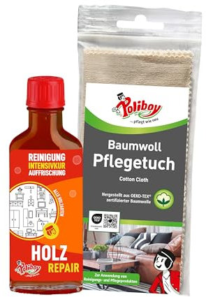 Poliboy Holz Repair - Polish pour meubles marron moyen pour bois laqué - Produit de polissage ravivant les couleurs - 1 x 100 ml - Avec chiffon en coton - Fabriqué en Allemagne