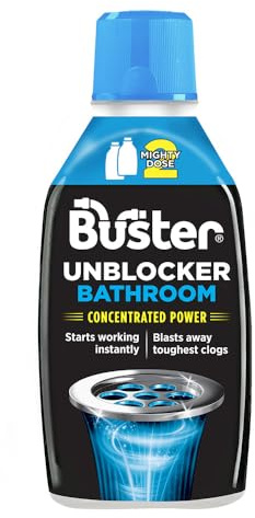 Buster Bathroom Drain Unblocker, Double Dose Bottle, Fast-Acting Sink Unblocker Dissolves Hair, Sludge & Soap, Drain Cleaner Clears Blockages in Shower, Bath & Bathroom Sink Pipes, 600ml - Made in UK