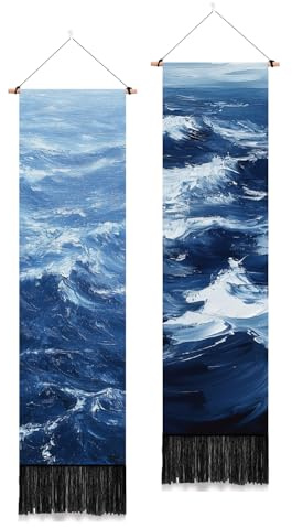 PLIGREAT 2er Pack Ozean Meer Wandteppich Blau Schmal Vertikal Hängend mit Quasten Ölgemälde Ozean Wandbehang für Schlafzimmer Badezimmer Wohnzimmer Lange Wandbehang Home Art Decor Einweihungsgeschenk