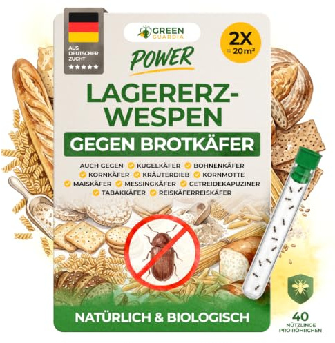 GREEN GUARDIA Lagererzwespen gegen Brotkäfer - 2 Röhrchen à 40 Nützlinge - effektiv Kornkäfer, Messingkäfer, Speckkäfer uvm. bekämpfen. Alternative zu Brotkäfer Falle und Kornkäfer Falle