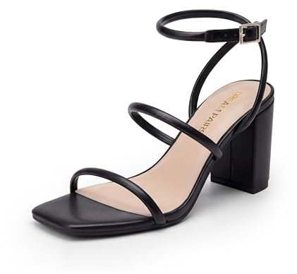 DREAM PAIRS Women Heels Chunky Square Open Toe Strappy Ankle Strap Block High Heeled Sandals for Dressy Wedding Comfortable Shoes,Size 5,Black-Pu,DWUMHS2529
