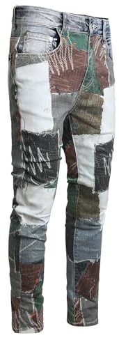 Baylvn Jeans da Uomo di Design, vestibilità Dritta e Slim, Patchwork, Comodi Pantaloni Skinny da Motociclista in Denim, 50
