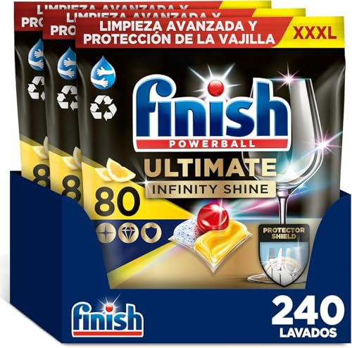 Finish Powerball Ultimate Infinity Shine pastillas lavavajillas, 240 cápsulas lavavajillas, Limpieza avanzada y protección de la vajilla, Aroma Limón (3 x 80pastillas)