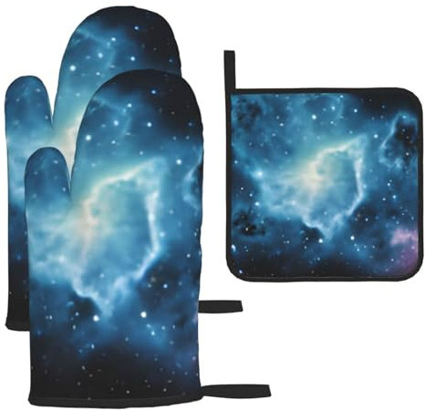 Set di 3 guanti da forno e presine – verde blu viola galassia – guanti da forno a microonde isolati e guanti da cucina, set di guanti da forno antiscivolo con cuscinetti caldi, per cucinare, cuocere