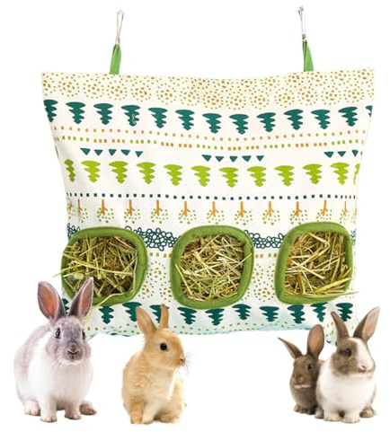 OUDQFCJ Hängender Futtersack für Kleintiere, Kaninchen Heutasche, Hasen-Futterstation Heutaschen, Meerschweinchen Heutasche für Kaninchen/Meerschweinchen/Chinchilla(DREI Loch)