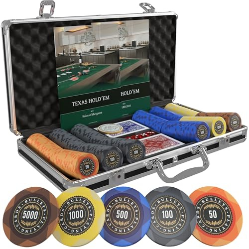 Bullets Playing Cards Valigetta da poker Adriana con 300 chip da poker in argilla da 14 g, set da poker con carte, dadi, button e regole del poker