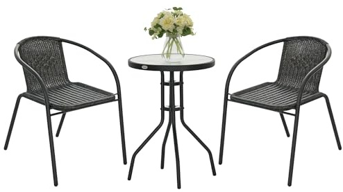 Outsunny 3 Pieces Rattan Bistro Set, 2 Seater Garden Furniture Set with Coffee Table and Stackable Chairs, Wicker Outdoor Table and Chairs for Garden, Porch, Balcony, Black