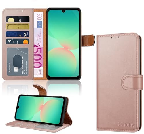 iCatchy for Samsung Galaxy A26 Case Leather Wallet Flip Book Cover with 4 Card Slots, Magnetic Closure, Kickstand Shockproof Protection Compatible with Samsung A26 (Rose Gold)