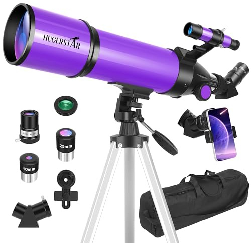 HUGERSTAR Telescopio, telescopio para adultos y niños y principiantes en astronomía, apertura de 80 mm, 600 mm, telescopios refractores portátiles totalmente multicapa con trípode de montaje AZ