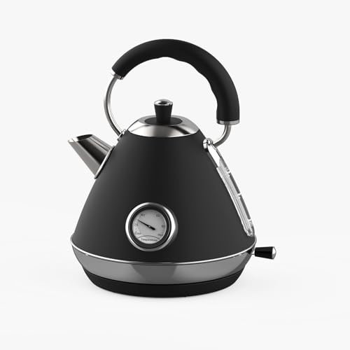 GEEPAS Electric Kettle | Vintage Cordless Stainless Steel Rapid Boil for Hot Water Tea Coffee | Auto Shut-Off 360° Swivel Base Temp Gauge Boil Dry Protection | 2 Yr Warranty 1.7L 3000W Retrovive Black