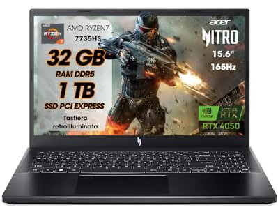 acer Nitro V15 Pc Gaming, Notebook Gaming AMD RYZEN7 7735HS, 32GB RAM DDR5, SSD 1TB, Display 15,6 FHD IPS 165 Hz, NVIDIA GeForce RTX 4050 (6 GB GDDR6), Tastiera Retroilluminata, Laptop Gaming