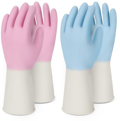 HOLDZERO Household Rubber Gloves Non-Slip Dishwashing Cleaning for Kitchen & Bathroom Reusable (2 Pairs Pink+Blue) (Medium)