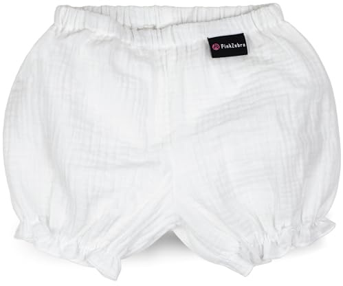 PinkZebra Culotte en mousseline pour bébé fille de 3 à 10 mois, Bloomers, short court en mousseline légère, short Bloomer pour bébé, short court avec élastique en 100 % coton, Blanc., 3 mois