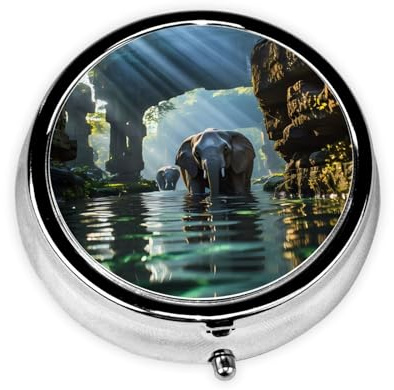 WZYWHJ Asian Elephant in The Water Pattern Circular Medicine Box Storage, Portable Travel with compartments, mini Pill Dispenser
