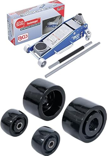 BGS 2889 | Rangier-Wagenheber | 2,5 t | hydraulisch | Hubhöhe 100-460 mm | Aluminium-Stahl-Konstruktion | Hydraulik mit Doppelhubkolben + BGS 2889-4 | Nylon-Rollenset | für Art. 2889, schwarz