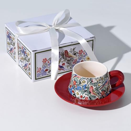 HOPEYHFM Tea Cup and Saucer Set, Porcelain Espresso Coffee Cup Set, with Saucer, 260ml New Bone China Vintage Flora Gift Box, for Latte, Americano, Home, Restaurants (Style 3)