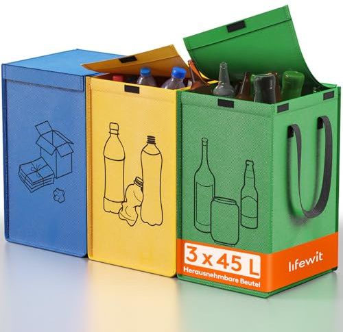 Lifewit Set di 3 Borse Raccolta Differenziata 45 L, Bidoni Differenziata Interno in 3 Colori, Raccolta Differenziata Esterno con Coperchio per Carta, Plastica, Vetro e Bottiglie
