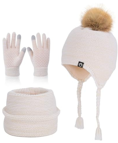 Wokuaile Kinder Wintermütze Schal Handschuhe Mädchen Set Warme Wintermütze Beanie Hut Loop Schal Set für Jungen 4-10 Jahre