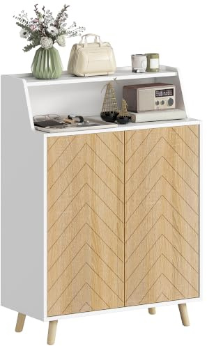 HOMCOM Zapatero de 2 Puertas en Espiga, 75x35x104 cm Blanco y Natural | Zapatero Entrada Recibidor, Estantes Ajustables, Compartimento Abierto, Patas de Madera, para 15 Pares de Zapatos