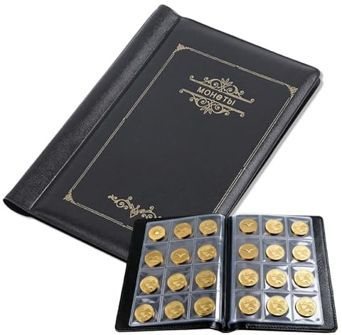 Álbum de Monedas 120 Bolsillos Negro, Libro de Colección para Monedas de 2 Euros, Medallas y Fichas, 11,5x15,5 cm, Cubierta de Cuero Sintético, Álbum de Coleccionista Portátil