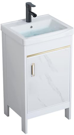 TYMYW Waschbeckenunterschrank Stehend mit Waschbecken und Wasserhahn Badezimmerschrank mit Füßen mit Puffer Scharnier,Weiß,43Cm