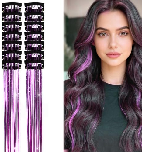 12 Ciocche di Capelli Glitterate Viola Scuro Clip-in - Kit Extension Capelli Scintillanti per Donne e Ragazze - Accessorio per Capelli da Feste - 50 cm