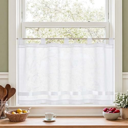 TOPICK Sheer Scheibengardinen mit Schlaufen lichtdurchlässig Bistrogadine Landhaus Voile Küchenvorhang Leinenoptik Satinband Küchengardinen Wohnzimmer 1er Set H60 x B90(cm) Klein Fenster Weiß