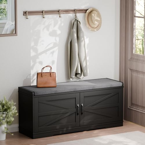 Gyfimoie Schuhbank mit Sitzfläche, Schuhschrank mit Türen, Sitzbank Flur mit Sitzbank, Schuhschrank Schmal, 35 x 100 x 50 cm, Schuhbank mit Sitzfläche für Wohnzimmer, Schlafzimmer, Flur (Schwarz)