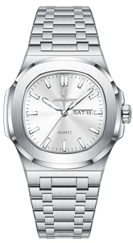 celegance Orologio quadrato da uomo, in acciaio inox, impermeabile, luminoso, con data, al quarzo, alla moda, di lusso, con kit di regolazione del cinturino incluso, Bianco argentato, Bracciale