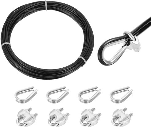 QUARKZMAN 10 meter x 4 mm vajer rostfritt stål, stålvajer spänntråd med 4 x vajerklämmor och 4 x fingerborgar, 304 gardinrep tvättlina för klätterväxter, svart