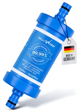 bluuwater Befüll-Filter BF08 - Camping Wasserfilter für Wohnwagen & mehr | Filtert 99,99% der Bakterien, Kalkpartikel & mehr - Bis 6.000 Liter - Kompatibel mit GEKA® & GARDENA® - Laborgeprüft