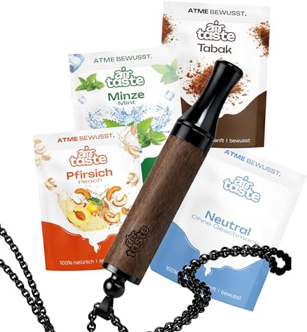 Airtaste® Rauchfrei Halskette – Rauchentwöhnung Atemkette mit Widerstand – 9 Fruchtgeschmack Filter für Minze & Kaffee, Taba – Anti-Rauch Hilfsmittel Ersatz für Zigarette – Schwarzes Holz