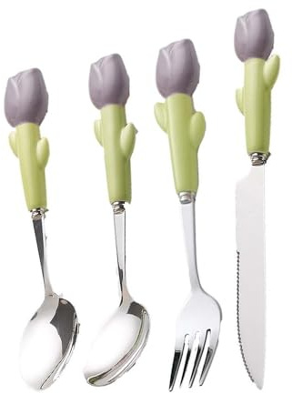 Set di Posate in Ceramica Semplice, Acciaio Inossidabile, Coltello, forchetta, Cucchiaio, Coltello da Bistecca, Posate da Cucina, cucchiaino (Viola, 4 Pezzi)