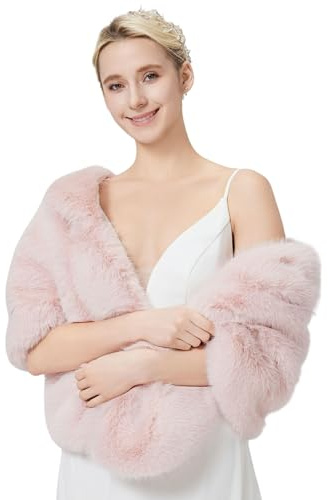 Tngan Women's Faux Fur Wraps Shawl Shrug Soft Warm Scarf Cape Stole Pink