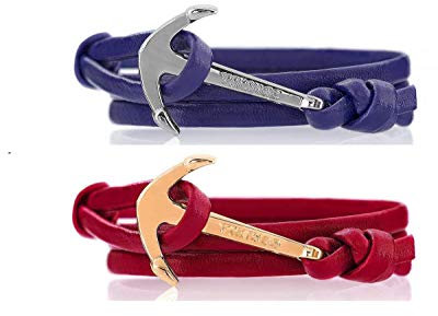 VIKINGS Anker Pärchen Armband 2er Set Leder Dunkelblau Rot, Anker Leder Dunkelblau Rot:Dunkelblau - Silber/Rot - Gold