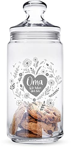 Keksglas mit Gravur für Oma, Vorratsglas für Süßigkeiten mit Blumenherz, Candy Bar Glasbehälter mit Deckel, Vintage Aufbewahrungsglas für die Küche, Geschenk für Frauen, Luftdichtes Dekoglas