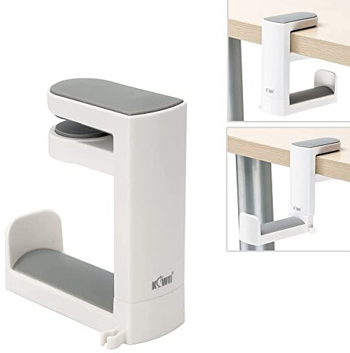 KIWIFOTOS Support de casque avec support pivotant à 360° + pince à ressort réglable, support de casque de bureau pour casque de jeu, support crochet – Blanc
