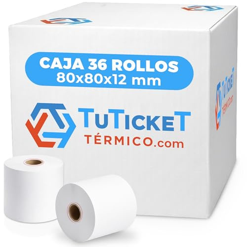 TuTickeT TÉRMICO.com - Rollo de Papel Térmico 80x80x12 mm (36 uds) para Impresora Térmica de Ticket, Sumadoras, Caja Registradora y demás TPV. Sin Bisphenol A