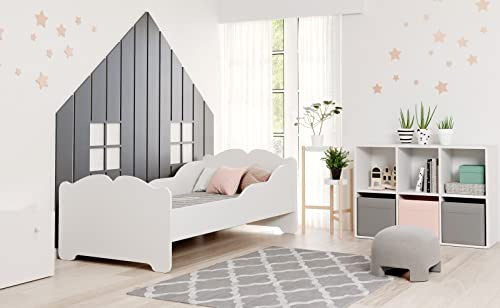 KOBI Cama para niños con banderas ANNA | Blanco Cuna Niña | 140 x 70 cm | Cuna infantil con colchón | Cunas para una niña | Cama infantil individual con respaldo