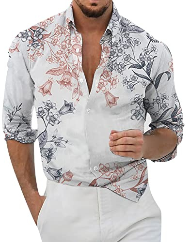 Yowablo Décontracté Hommes lâche géométrique imprimé Manches Longues Poignets Bouton Port Style Chemise Florale Plage hawaïenne Haut d'été Pack Chemise Homme